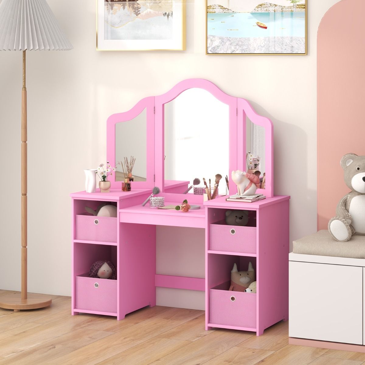 Coast : coiffeuse et bureau pour enfant - Miroir amovible à trois faces - Avec bacs de rangement - Rose