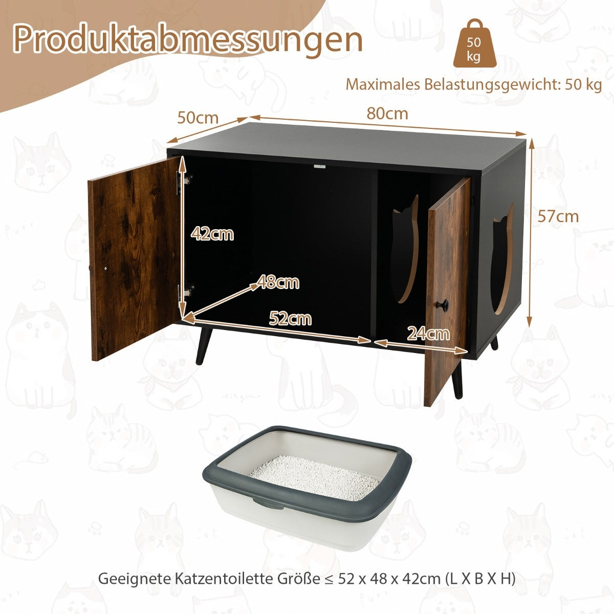 Coast Cat Cabinet Cat Toilet Cat House with double doors and entrance 80 x 50 x 57 cm black + Nature