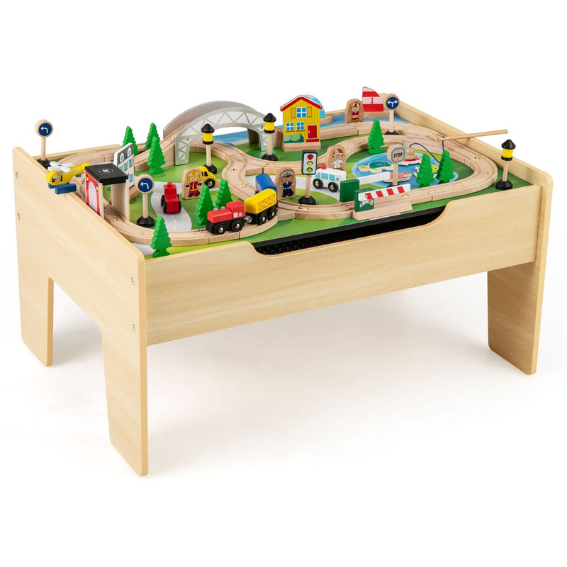 Table de train en bois Coast pour enfants - Table d'activités 5 en 1 - 78 pièces - Couleur naturelle