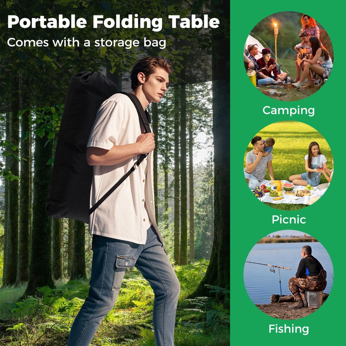Table de camping pliable Coast - Plateau en aluminium enroulable - Avec panier en filet - Noir 119 x 56 cm