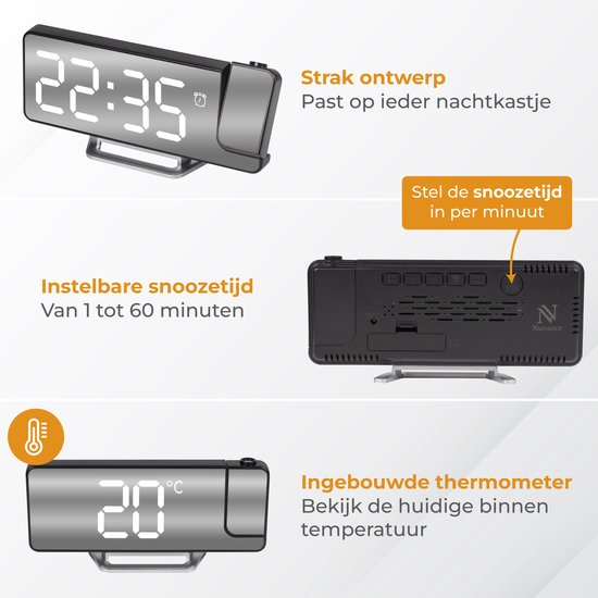 Réveil numérique Nuvance avec projection - Horloge numérique pour chambre à coucher - Fonction snooze - Réveils numériques - Réveil