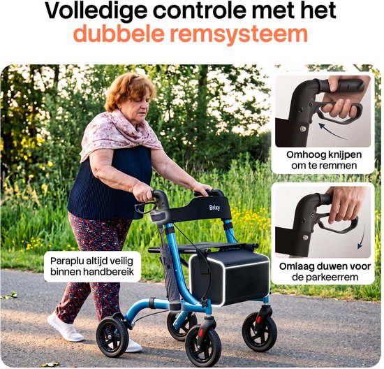 Rollator Brixy - Léger et pliable - Roues en caoutchouc à 360° - Siège intégré - Utilisation à l'intérieur et à l'extérieur - Dossier, sac et support pour canne - Bleu