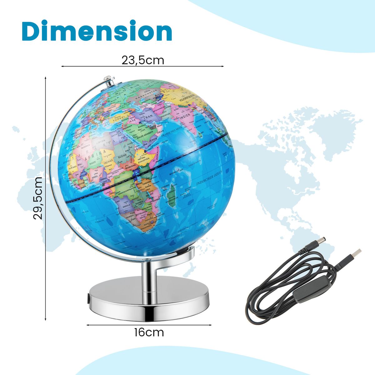 Globe terrestre lumineux Coast - avec les constellations - socle en métal - bleu - 23 cm