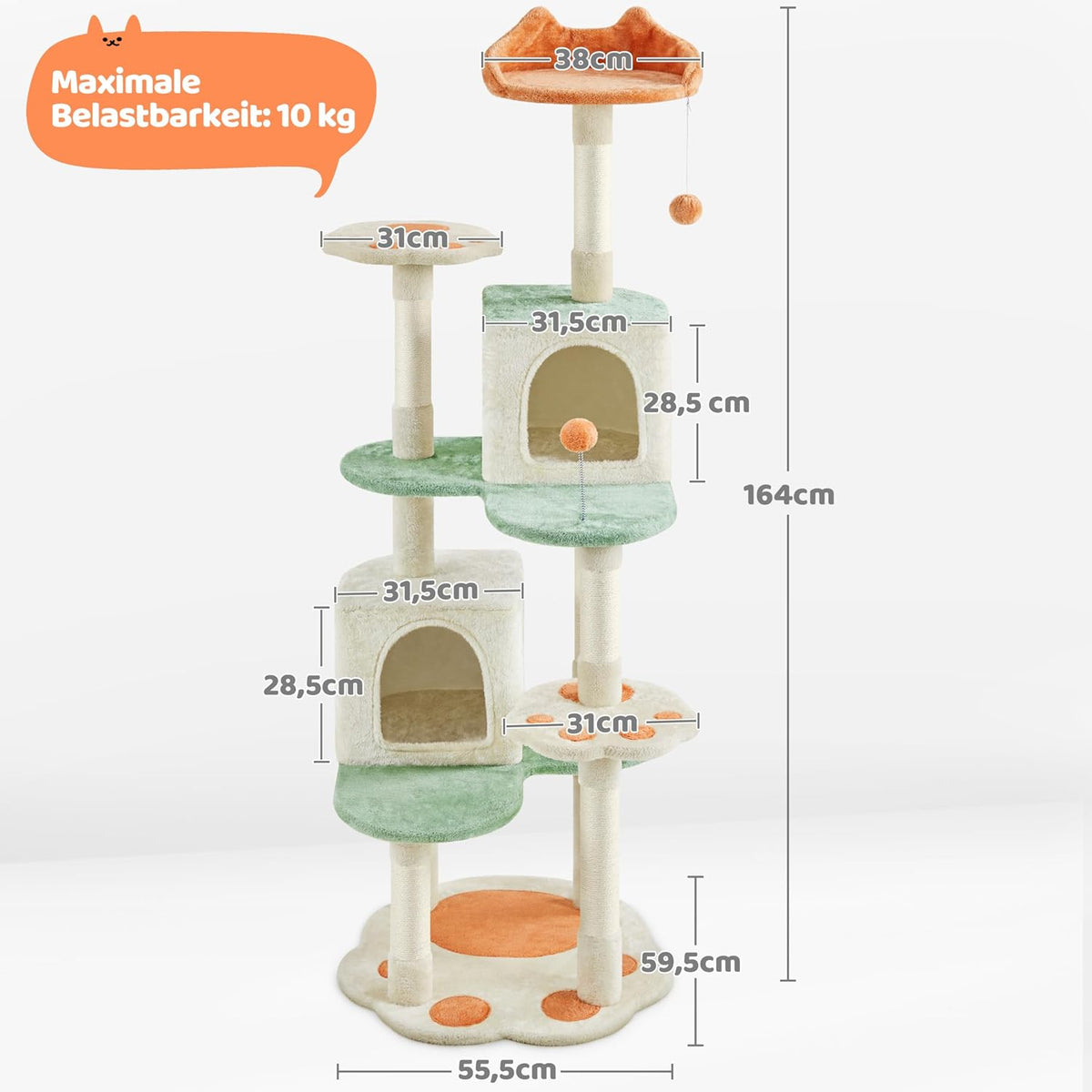 Yaheetech : Arbre à chat avec motif de pattes et maisonnettes pour chats - 59,5 x 55,5 x 164 cm - Beige/vert