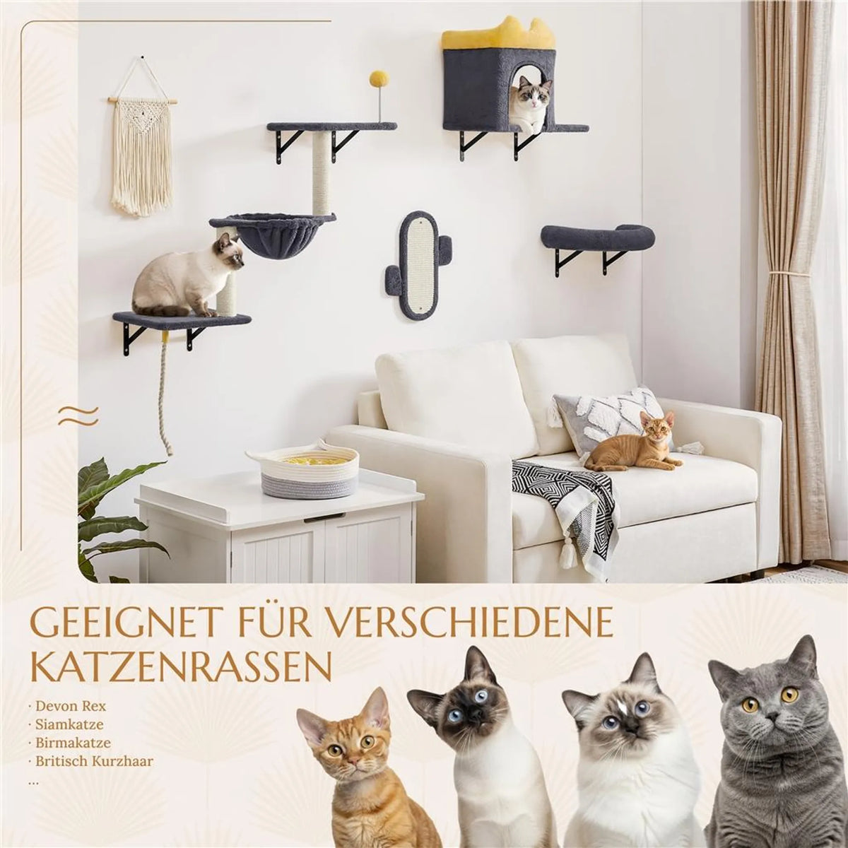 Yaheetech Meuble mural pour chat - 49 x 30 x 40 cm - équipé d'un terrier et d'un panier de couchage pour chat, de griffoirs en sisal et de plates-formes multiples - pour 1 à 5 chats - peluche et métal gris foncé