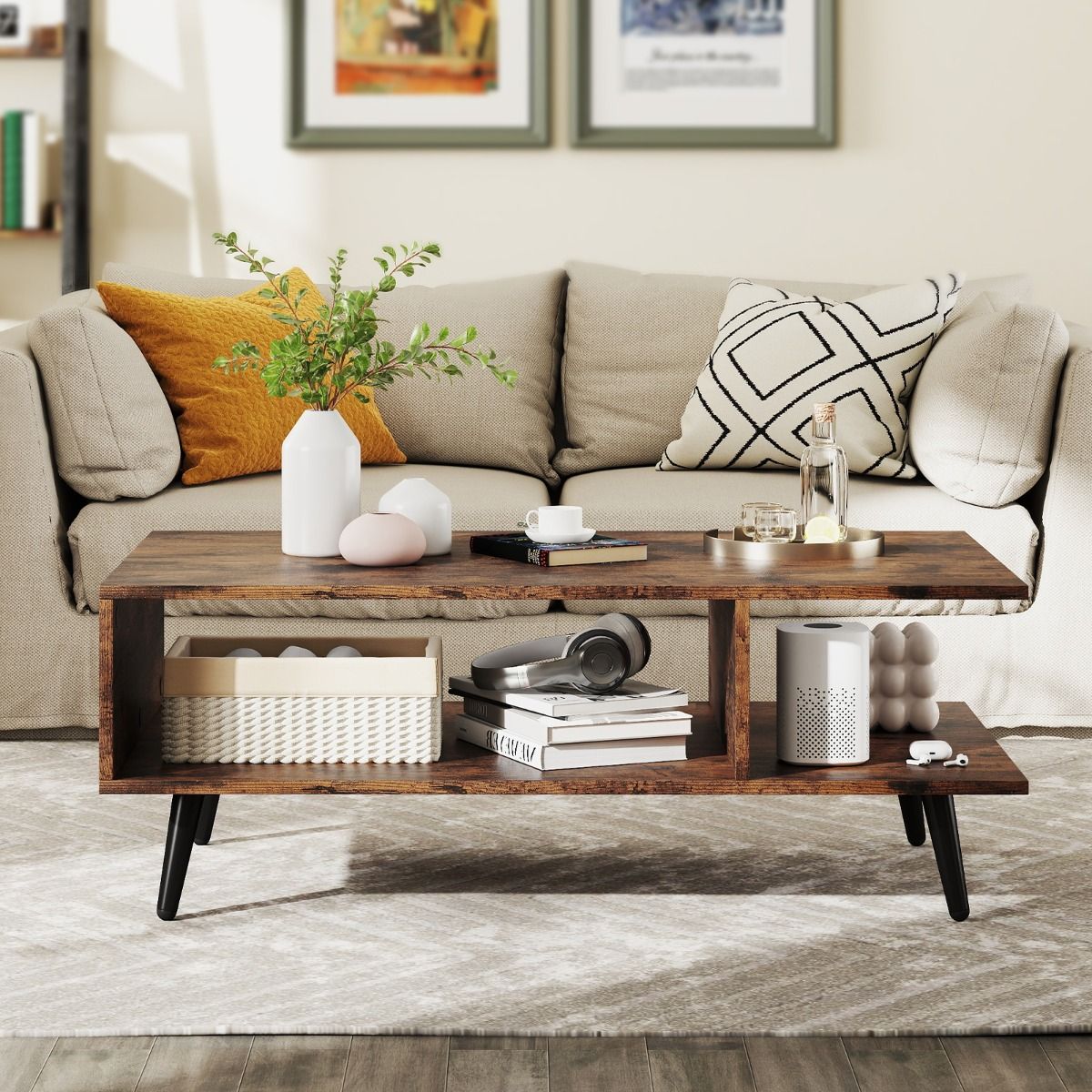 table basse coast 2 étages - brun rustique - 80 x 45 x 30 cm - étagère ouverte & pieds en métal