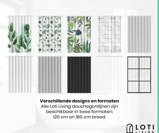Loti Living Rideau de douche anti-moisissure - Jungle - Anneaux inclus - Imperméable - Polyester - Rideau de douche 120x200 cm