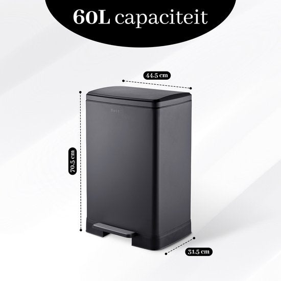 Poubelle Bayt - Poubelle 60 litres - Poubelle à pédale 60 litres - Poubelle 60 litres - Poubelle - Acier inoxydable - Noir