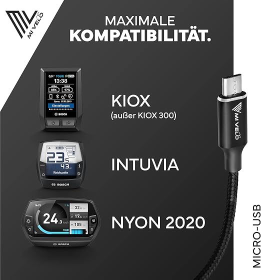 Câble de recharge pour vélo électrique Mivelo compatible avec Bosch Intuvia, Kiox et Nyon (ancienne génération) - Micro-USB vers USB-C