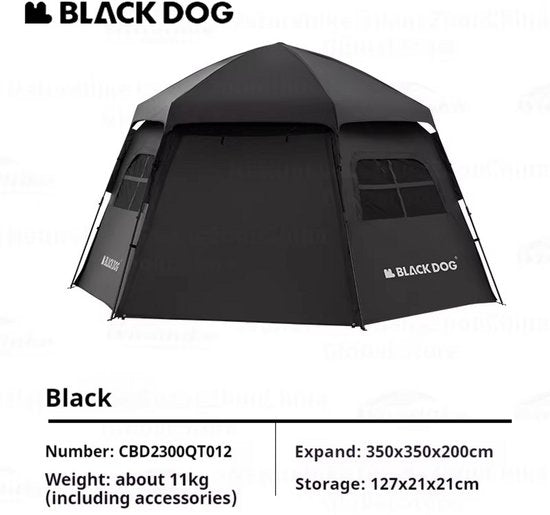 Tente Black Dog Dome - Tente de camping haut de gamme pour 6 à 8 personnes - Hexagonale à montage automatique - Tente familiale portable - Vinyle pliable - Protection contre le soleil et la pluie - Noire