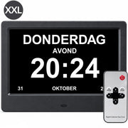 Horloge Brixy pour personnes atteintes de démence XXL - 24 fonctions d'alarme - Télécommande incluse - Fonction de gradation automatique - Horloge-calendrier - Noir