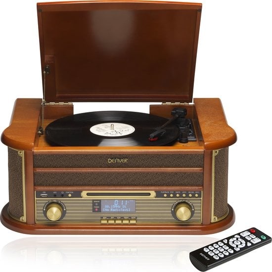 Platine vinyle retro - Denver - Haut-parleurs et amplificateur intégrés - Bois
