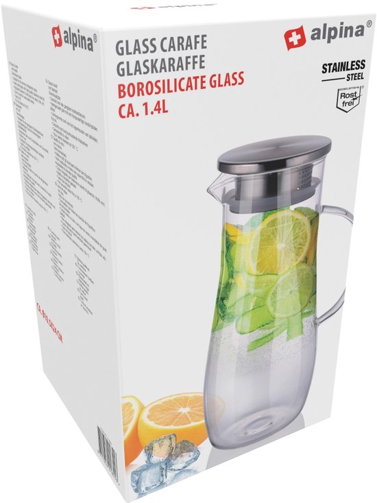 Pichet en verre Alpina 1,4 L - Pichet avec couvercle et filtre en acier inoxydable - Carafe en verre borosilicaté - Pichet transparent pour boissons froides et chaudes