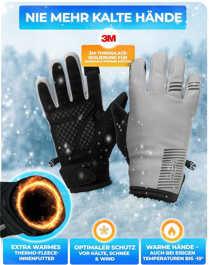 MIVELO Gants d'hiver - coupe-vent - imperméable - écran tactile - isolation 3M - antidérapant - gris