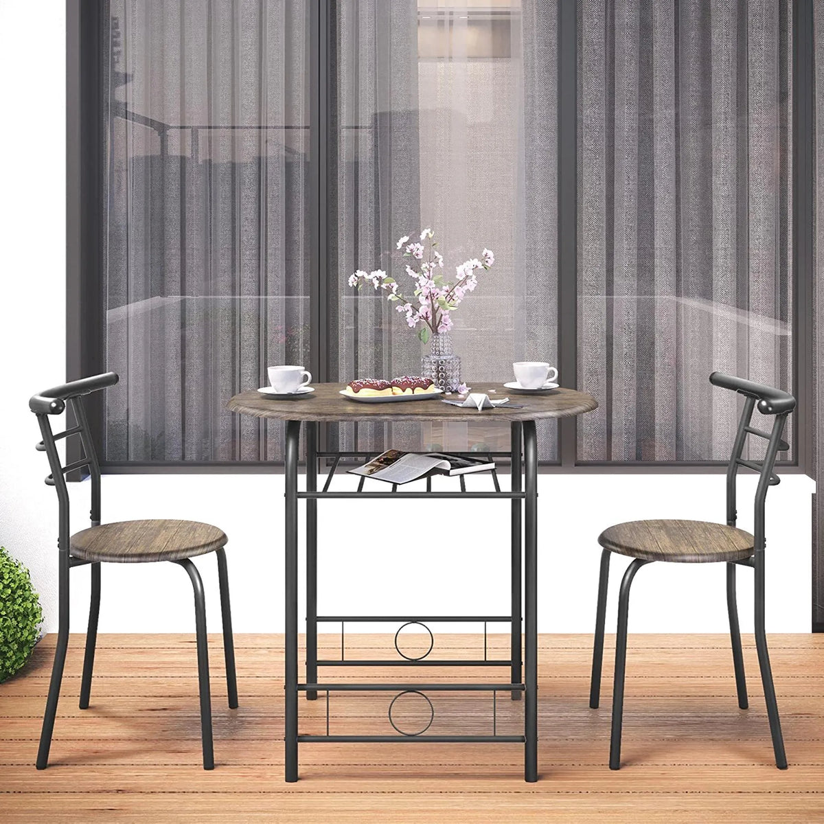 Yaheetech Dining Set Of 3 - Comprend une table avec 2 chaises, une étagère de rangement réglable et un revêtement hydrofuge - Pour la cuisine et la salle à manger - Driftwood Brown Metal and MDF - 80 x 53 x 73.5 cm