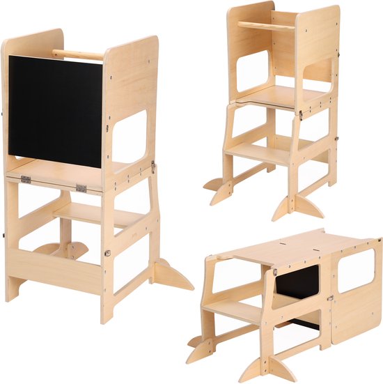 Tour d'apprentissage 2-en-1 Sunny Mae – Tour d'apprentissage et meuble de jeu en bois pour enfants – Transformable en petite table avec chaise – Avec tableau à craie – Accessoire de cuisine inspiré de la méthode Montessori – Jouet sûr et éducatif
