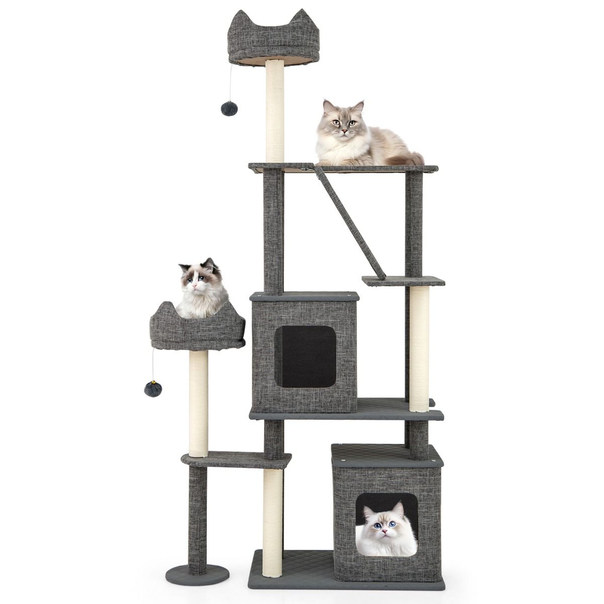 Arbre à chat Coast - 2 maisonnettes - plateformes de jeu et panier - gris - 180 cm