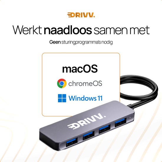 Drivv. Répartiteur USB 4 ports - USB 3.0A - Hub USB 3.0 - Boîtier aluminium - Gris