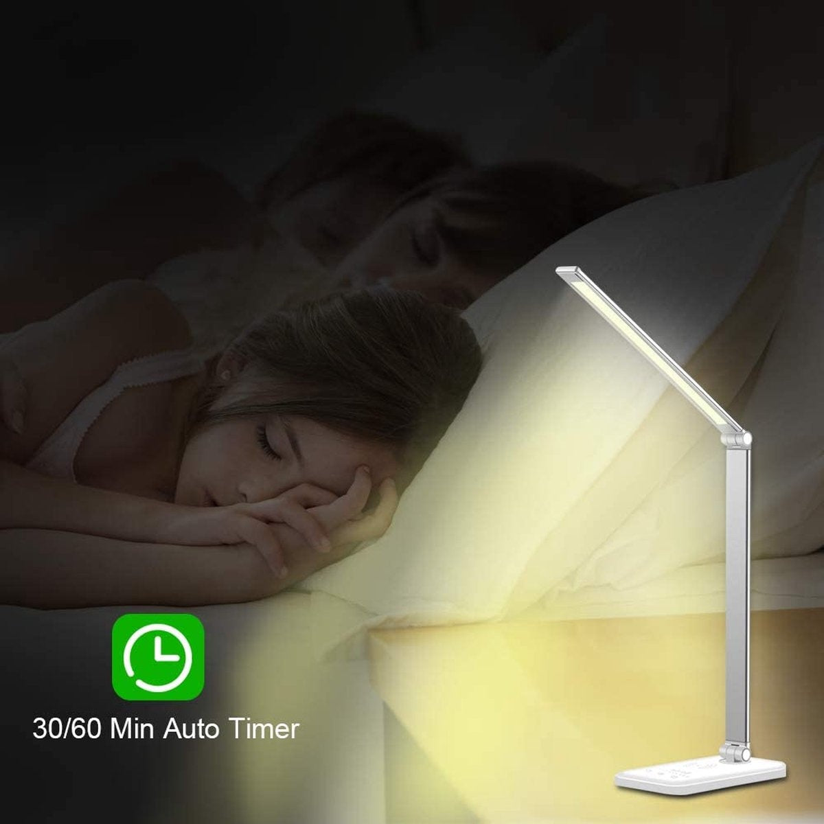 Fuegobird EK009 Lampe de bureau LED - Filaire - Chargement sans fil pour téléphone - Dimmable - Pliable - Smart Touch - Technologie Qi - Blanc