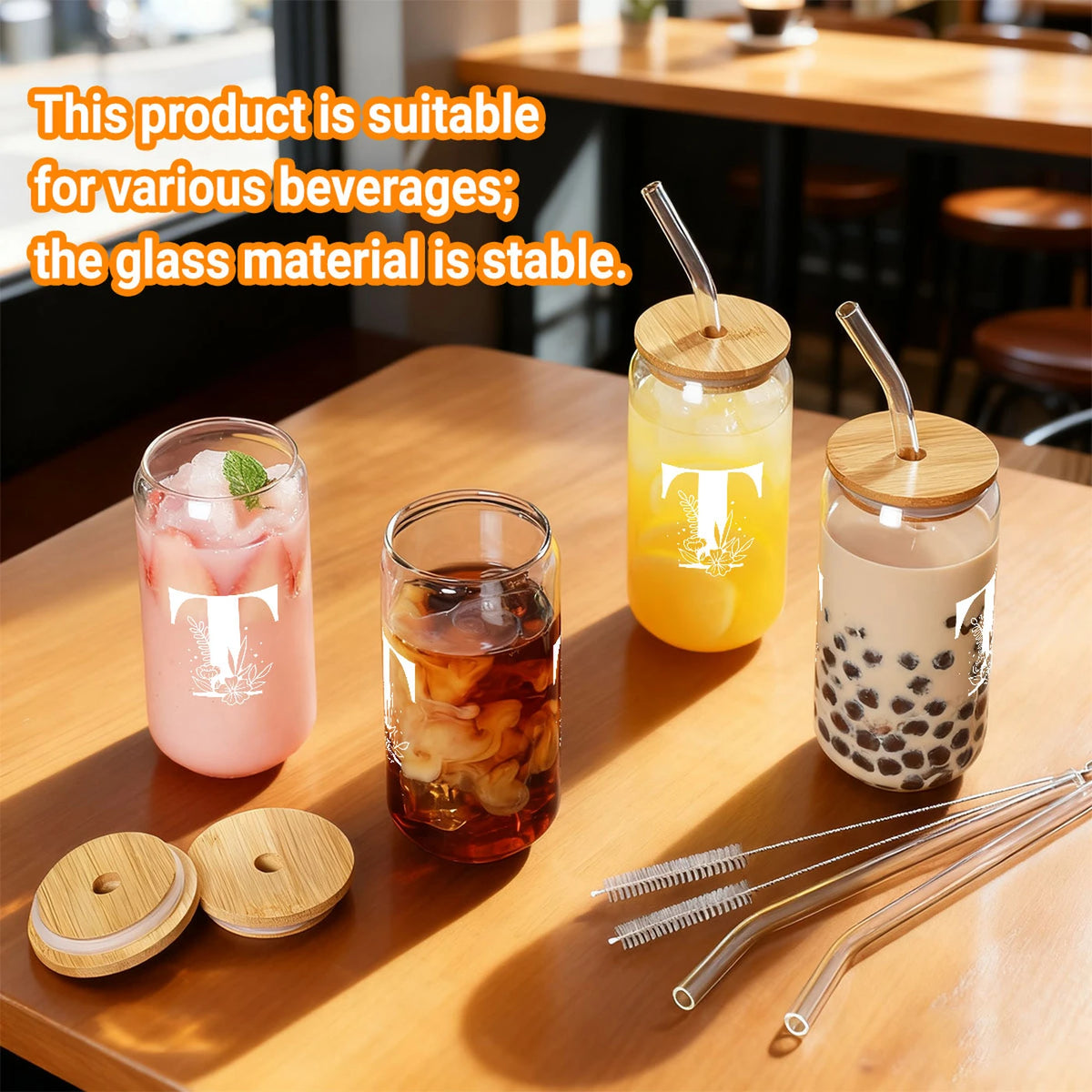 Verre à café glacé Alphynix avec monogramme T - Avec couvercle en bambou et paille