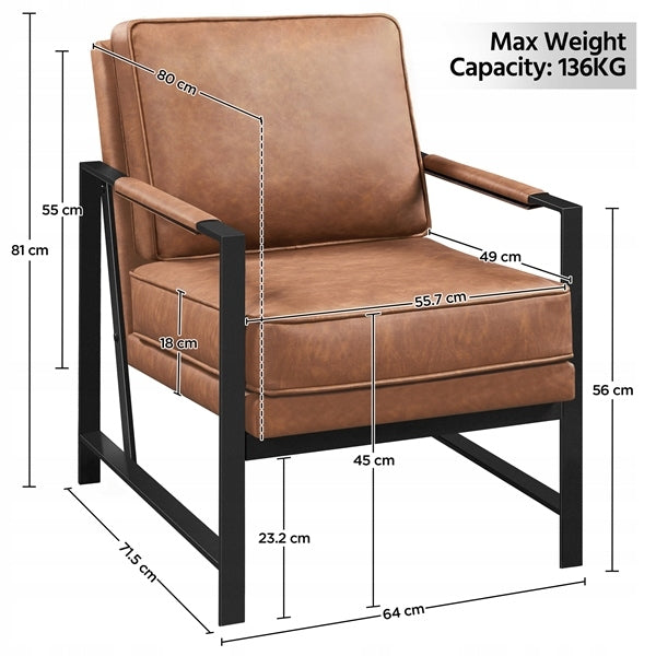 Fauteuil de salon rétro Yaheetech - Simili cuir avec structure métallique noire - Marron clair - 64 x 80 x 81 cm