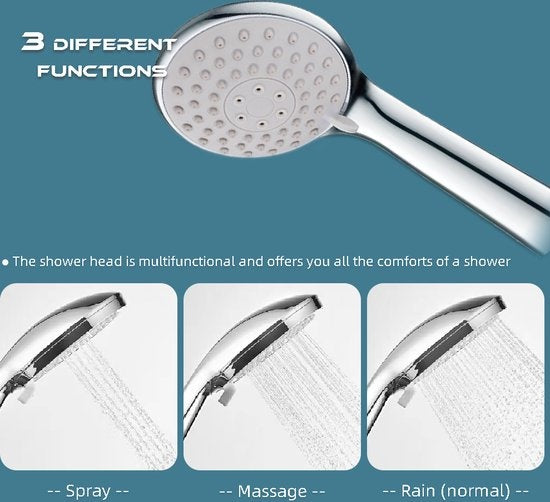 Fuegobird Pomme de douche - avec tuyau et support - 3 fonctions - Douchette à main à économie d'eau - Silver