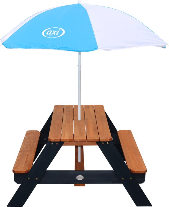 Table de pique-nique AXI Nick Anthracite/marron - Parasol Bleu/blanc - Table de pique-nique pour enfants en bois FSC