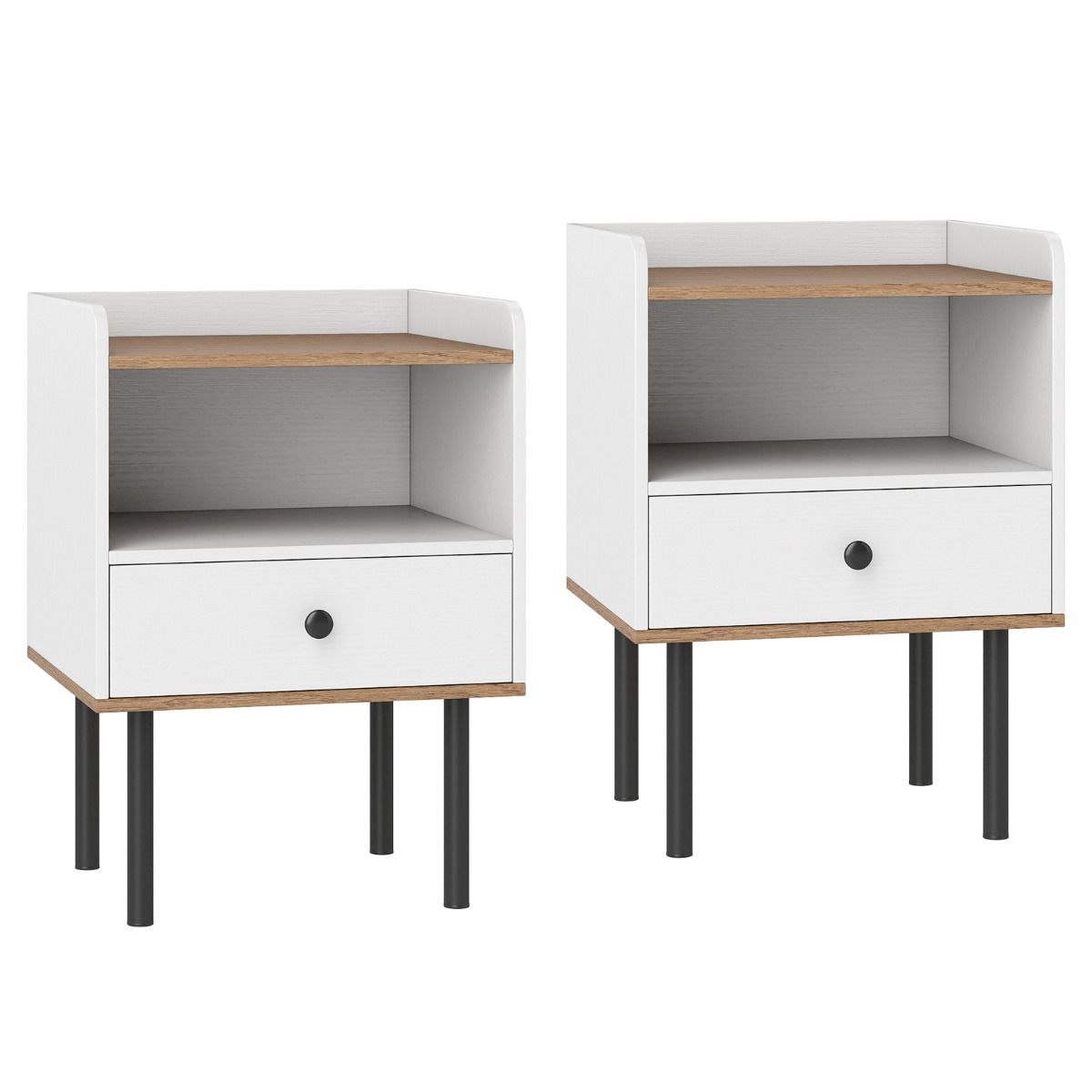 Table de chevet Coast en bois - avec tiroir et compartiment ouvert - pieds métalliques surélevés - noir/blanc - 40,5 x 35 x 56 cm