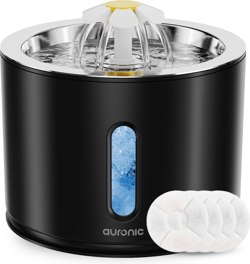 Abreuvoir Auronic - Fontaine à eau pour chats et chiens - 2.4L - Abreuvoir pour animaux - 3 filtres et 2 brosses inclus - Noir