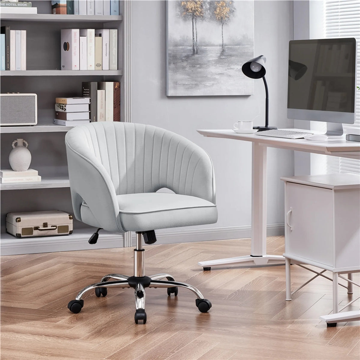 Yaheetech Fauteuil de bureau Fauteuil - 60 x 56,5 x 73-83 cm - avec rembourrage doux et velouté, hauteur d'assise réglable et fonction relaxante - pour le bureau et la salle de réception - polyester gris clair et métal