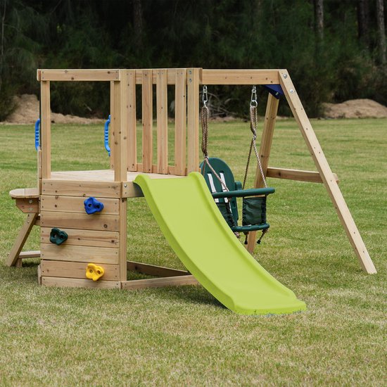 Structure de jeux AXI Timo Mini avec balançoire pour bébés, mur d'escalade et tableau noir – Toboggan rouge – Bois certifié FSC – Petite structure de jeux pour le jardin / l'extérieur