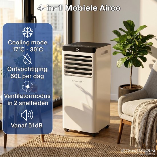 Climatiseur mobile Eriksson - 10 000 BTU - Kit d'étanchéité pour fenêtre inclus - Jusqu'à 30 m² - 4-en-1 - Climatisation - Ventilateur - Déshumidificateur - Blanc