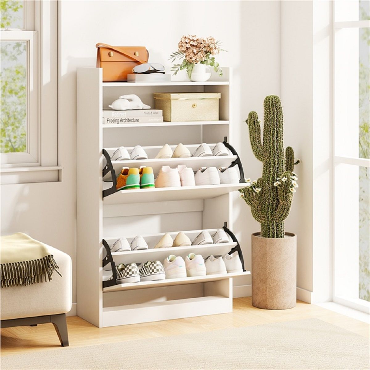 Armoire à chaussures Coast - 2 compartiments rabattables - design élancé et peu encombrant - blanc/aspect bois rustique