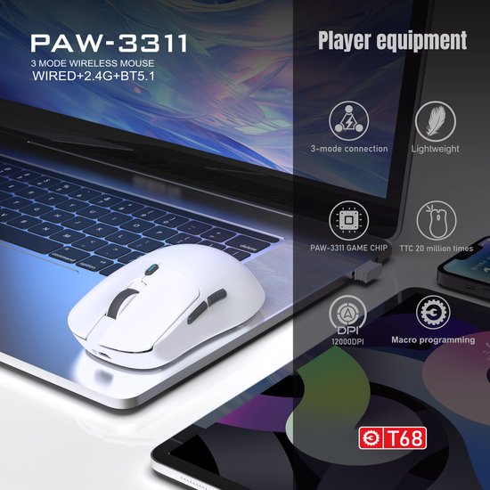 Souris gaming Fuegobird T68 – Ultra-légère (54 g) – Sans fil tri-mode – 12 000 DPI – Rechargeable via USB-C – Ergonomique – Blanche