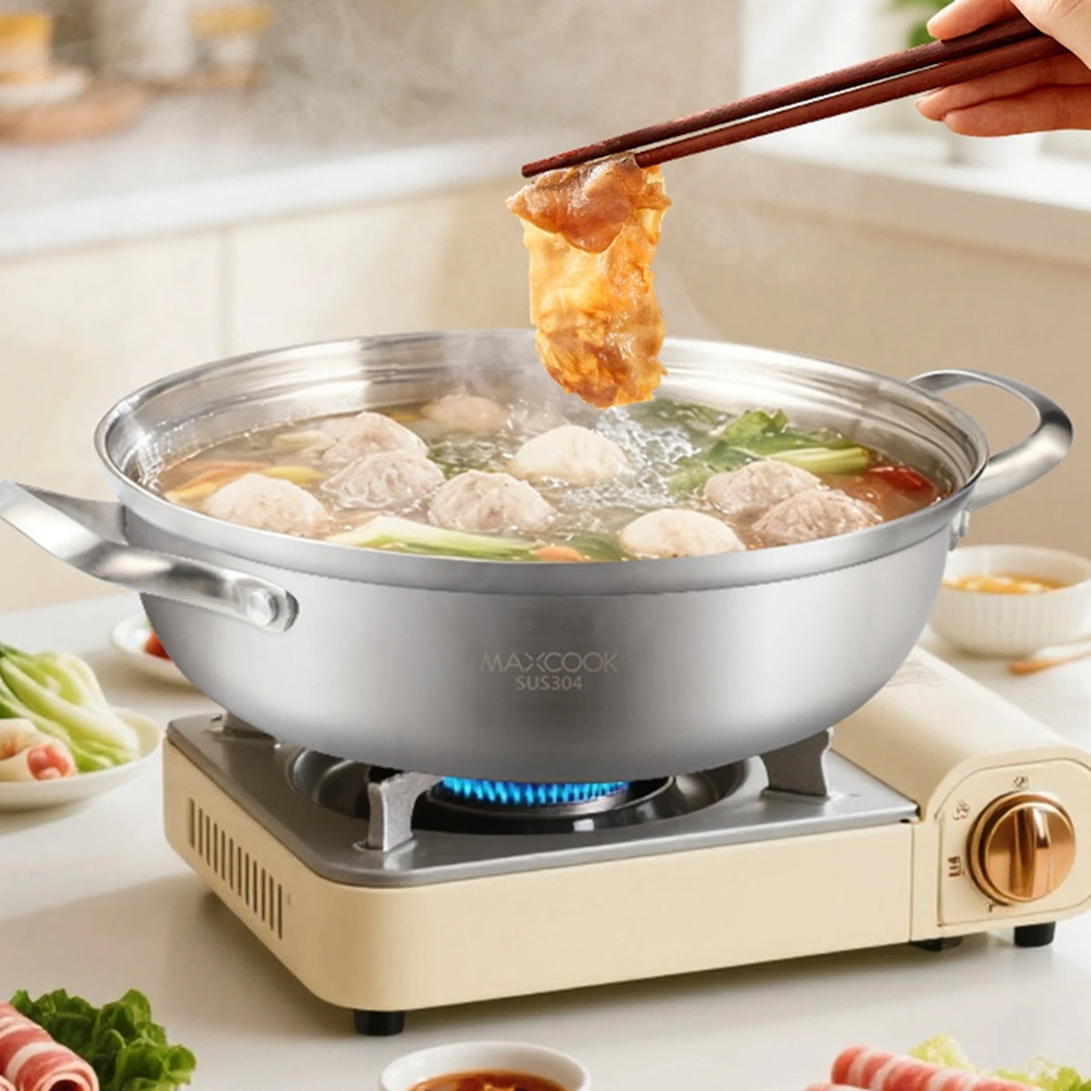 Maxcook Hotpot à 3 couches en acier inoxydable 304 - 28 cm - Double poignée, compatible induction