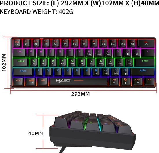 HXSJ V900 Bedrade Mechanisch Gaming Toetsenbord - RGB Verlichting - QWERTY - 61 Keys - Blue Switch - Zwart