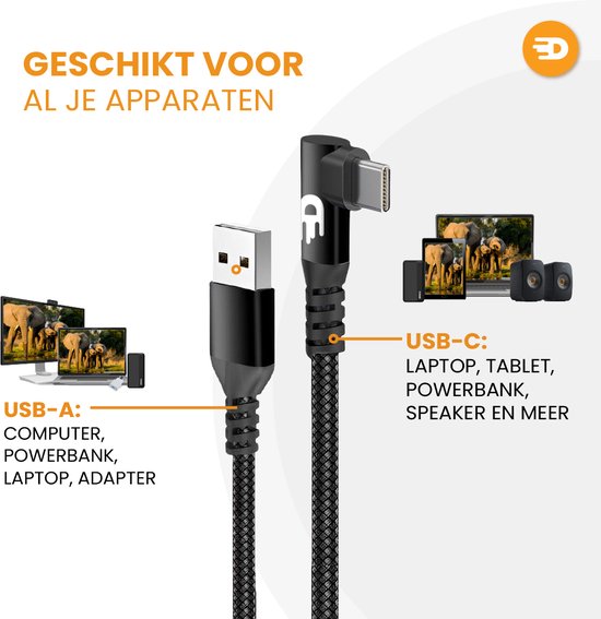 Drivv. Câble USB vers USB C - Angulaire - Modèle 2024 - Câble de données et de charge USB C - Charge rapide / charge rapide - 3 mètres - Convient à iPhone 15, Samsung et autres, entre autres - Gris
