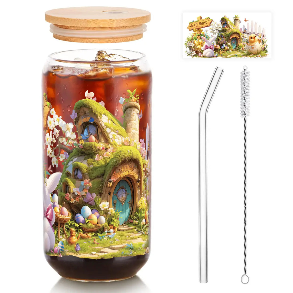 Verre de Pâques Alphynix avec couvercle et paille - Motif de conte de fées - 500 ml - Multicolore
