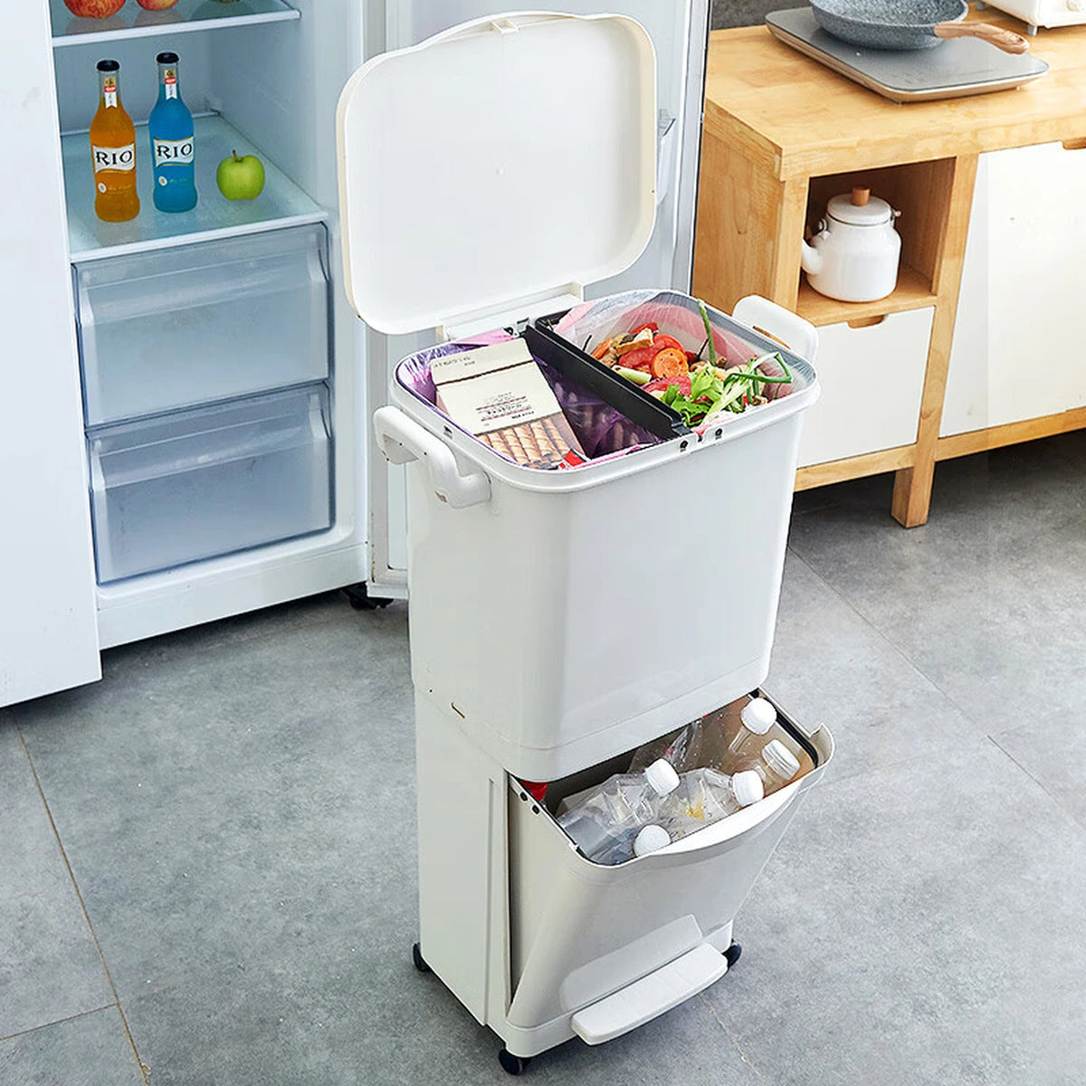 Poubelle Ochama avec système de tri sélectif - 2 compartiments - sur roulettes - 45 L - blanche