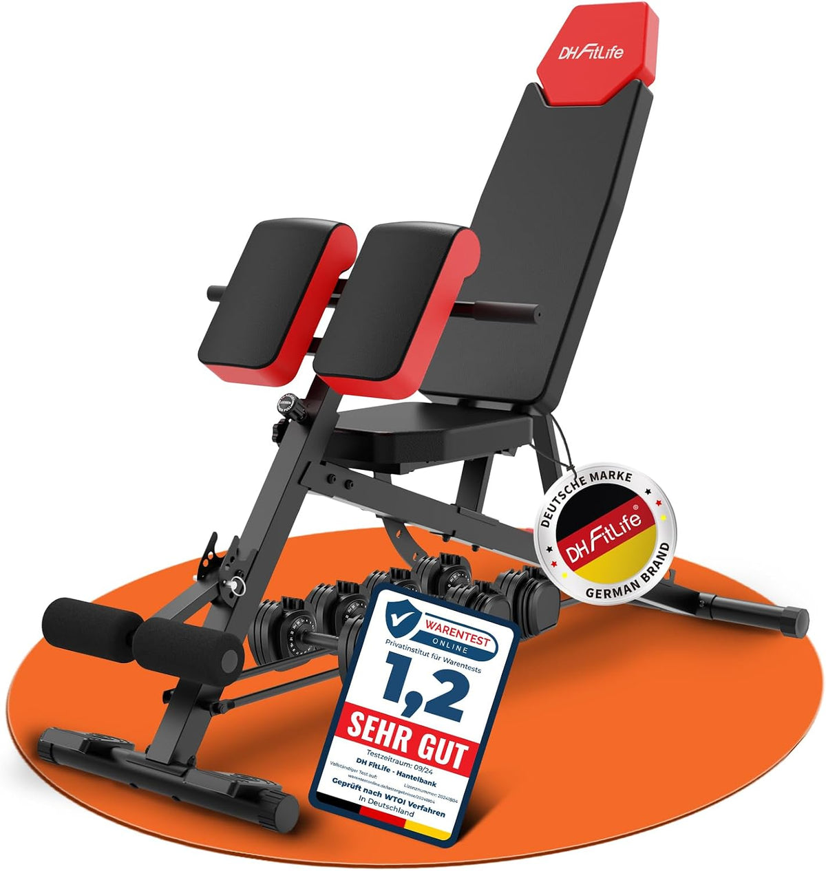 Banc de musculation DH FitLife 6-en-1 - Dossier réglable - Hyperextension et Nordic Curl - Jusqu'à 350 kg - 163 x 50 x 130 cm - Noir