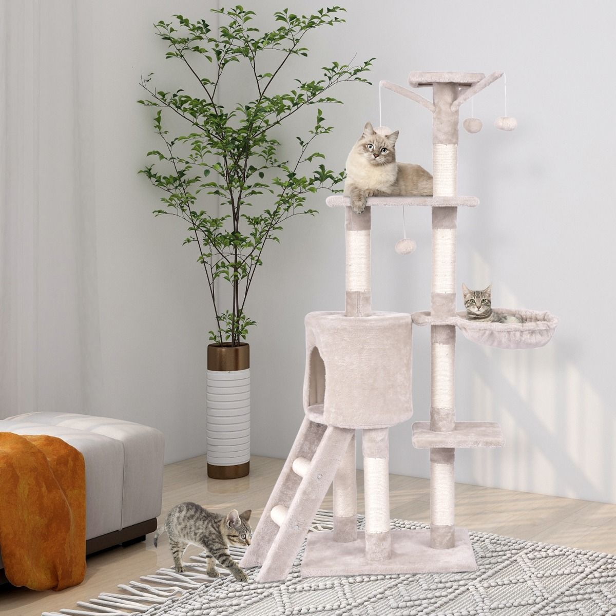 Arbre à chat Coast - 6 étages - poteaux en sisal et revêtement en peluche - beige - 93 x 36 x 140 cm