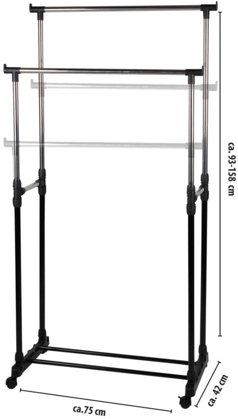 Porte-vêtements mobile Alpina - Porte-vêtements 75 x 42 x 93-158 cm - Hauteur réglable - Avec étagère à chaussures - Argent/Noir
