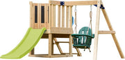 Structure de jeux AXI Timo Mini avec balançoire pour bébés, mur d'escalade et tableau noir – Toboggan rouge – Bois certifié FSC – Petite structure de jeux pour le jardin / l'extérieur