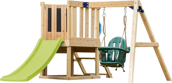 Structure de jeux AXI Timo Mini avec balançoire pour bébés, mur d'escalade et tableau noir – Toboggan rouge – Bois certifié FSC – Petite structure de jeux pour le jardin / l'extérieur