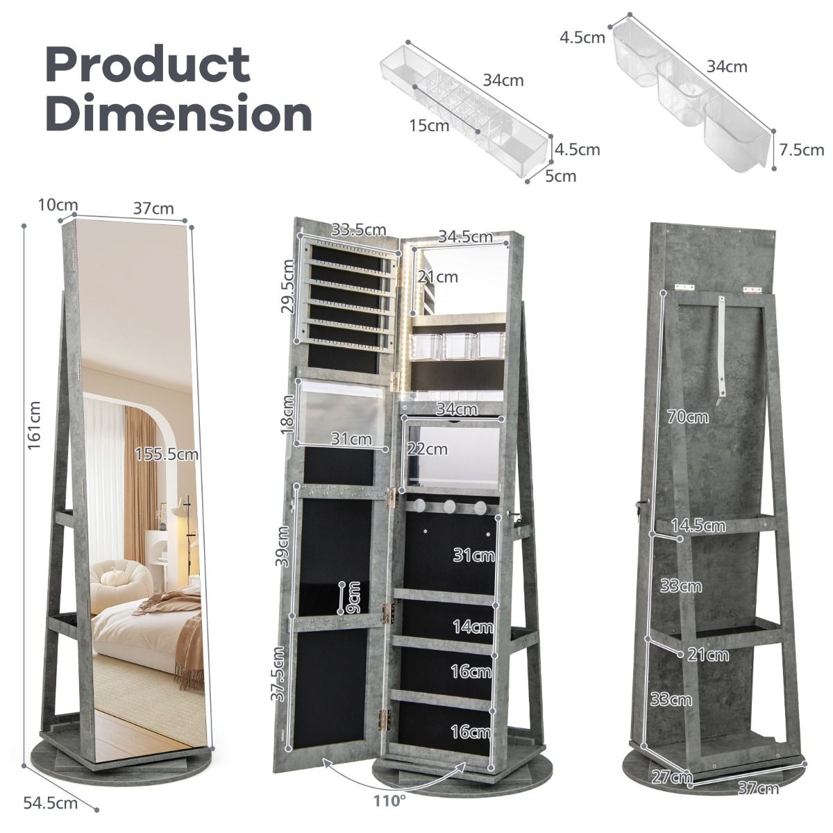 Armoire à bijoux Coast avec miroir - pivotante à 360° - éclairage LED - marron foncé