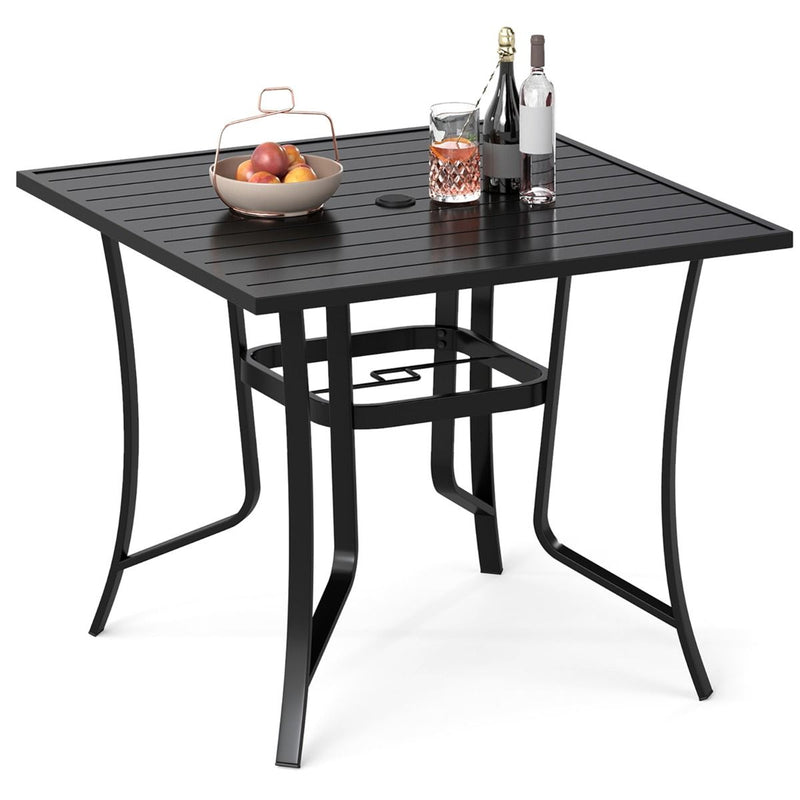 Table de jardin Coast avec trou pour parasol - table à manger carrée - plateau à lattes - noir - 91 x 91 cm