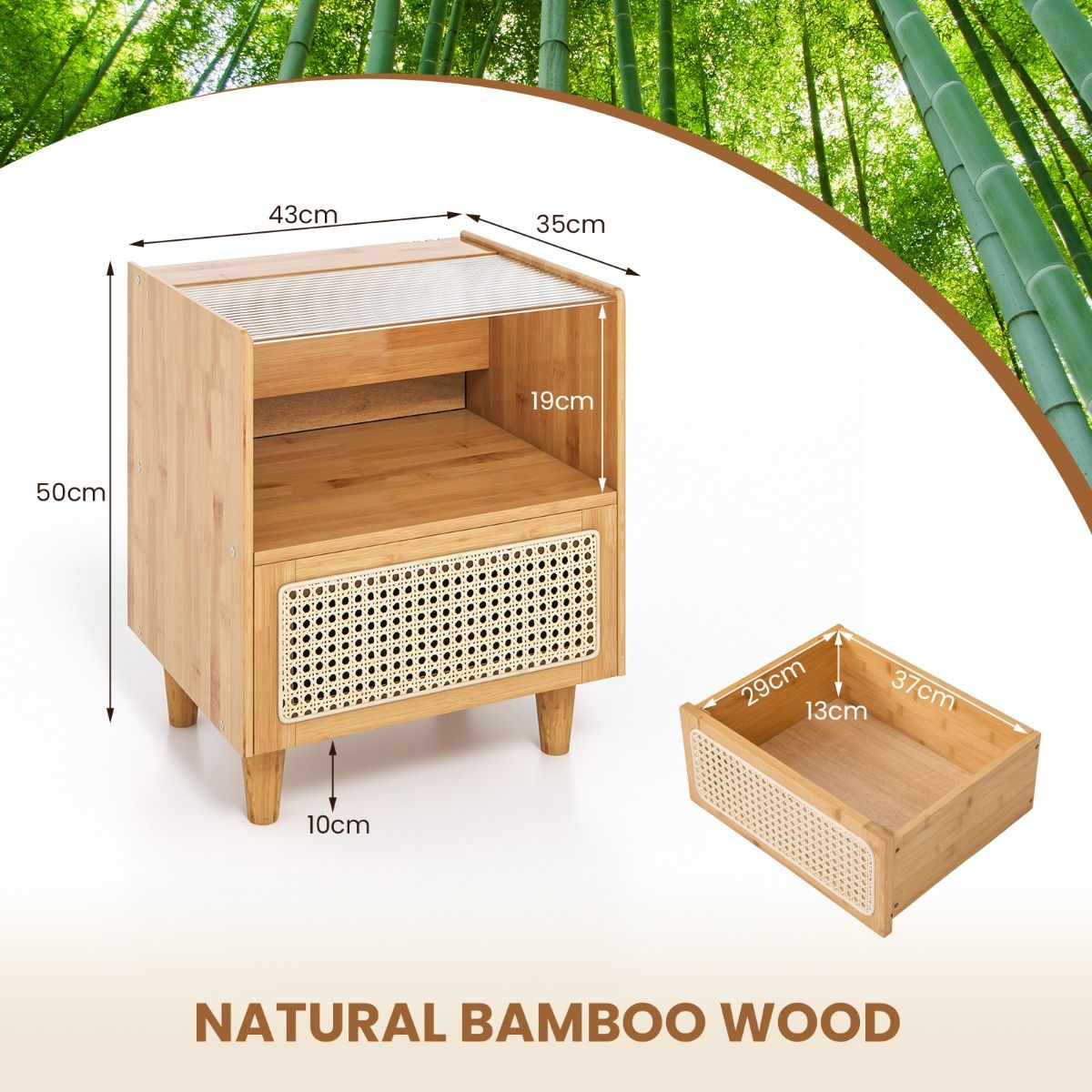 Ensemble de 2 tables de chevet Coast - bambou et rotin - tiroir et compartiment ouvert - couleur naturelle 43 x 35 x 50 cm