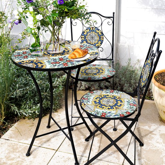 Chaises de bistrot AXI Amélie – Pliantes – Classiques multicolores – Chaises de jardin pliantes en métal – Dossier haut – Lot de 2 pièces – Effet mosaïque – Incrusté de carreaux de céramique – Capacité de charge de 150 kg – Jardin, terrasse ou balcon
