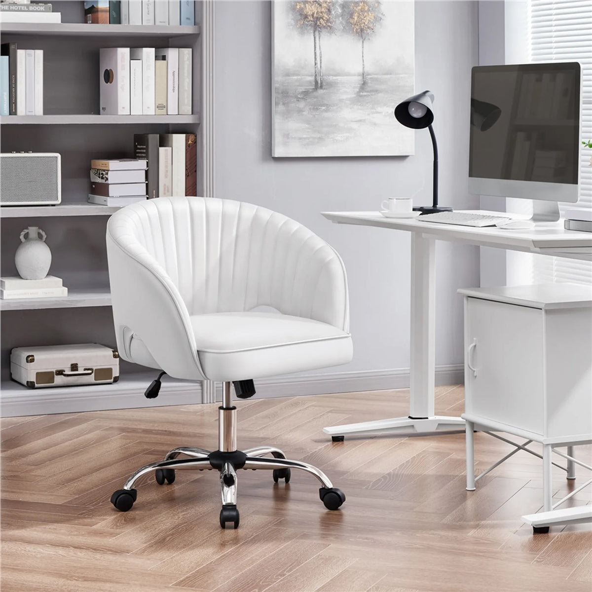 Yaheetech : élégante chaise de bureau à motif vertical, 73-83 cm – Blanche – Polyester et métal