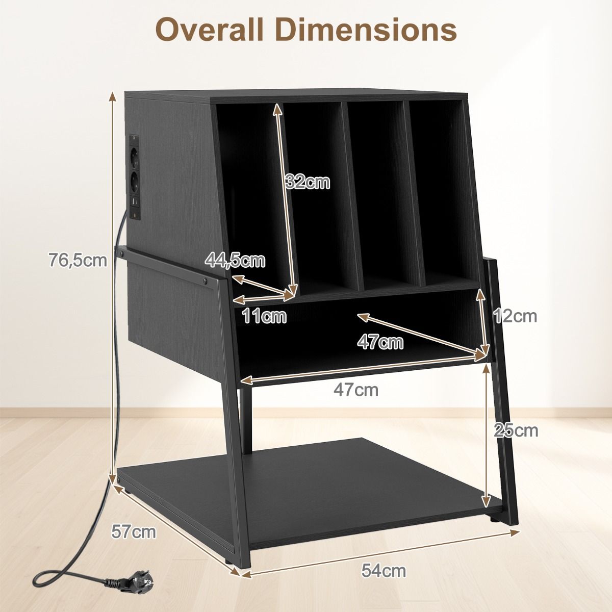 Étagère à disques Coast - meuble de rangement en bois avec station de recharge - roulettes ou pieds réglables - noir/marron rustique - 54 x 57 x 76,5 cm